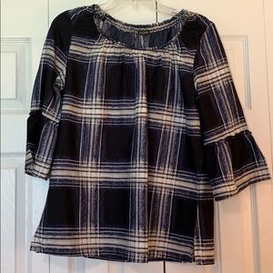 HANNAH window pane plaid blouse. Navy/grey/cream.
